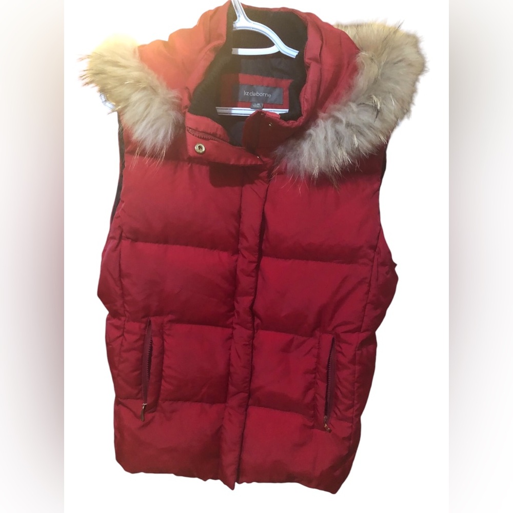 Liz claiborn Red Puffer Vest with real Fur Trim Large